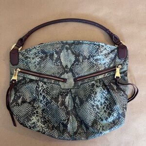 Aimee Kestenberg Leather Hobo Bag Aqua/Teal Snake Print Brown leather Handle